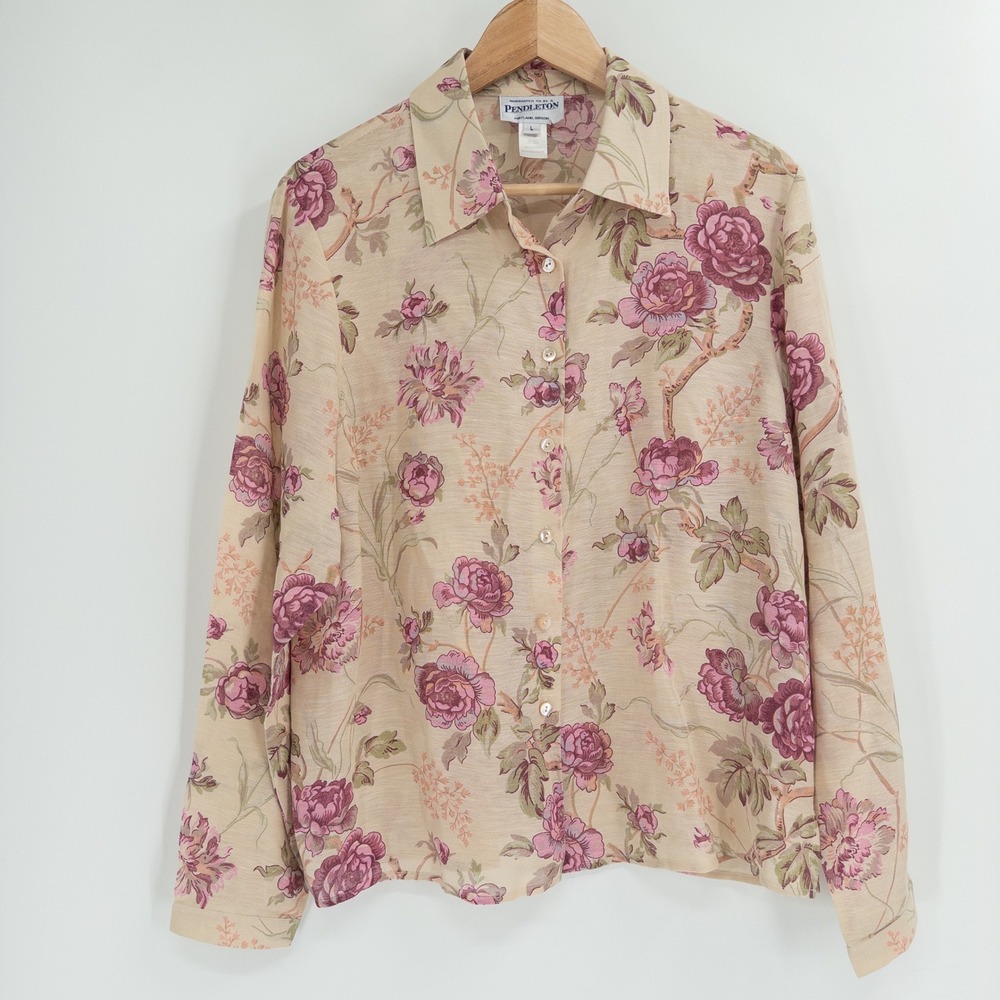 Pendleton Button Up Blouse Womens L Tan Silk Linen Floral Cottagecore Shabby